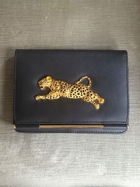 VTG Nima Black Crossbody Bag Gold Leopard Clutch Evening Purse 80s Retro Glam